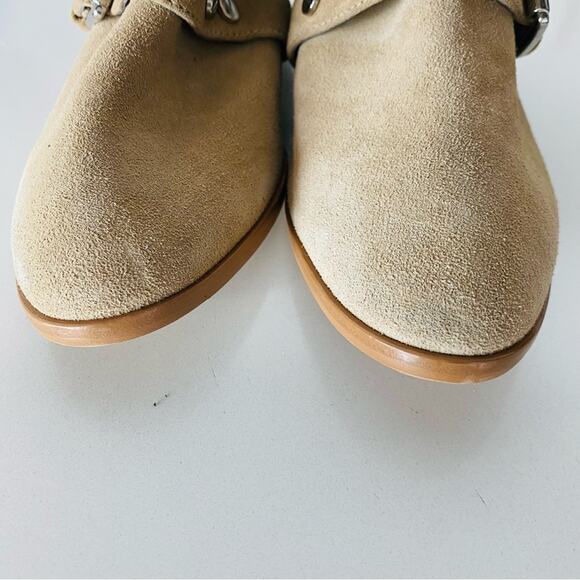 REBECCA MINKOFF Cream Beige Tan Cutout Buckle Stud Suede Ankle Boots Booties 6 - Picture 8 of 13